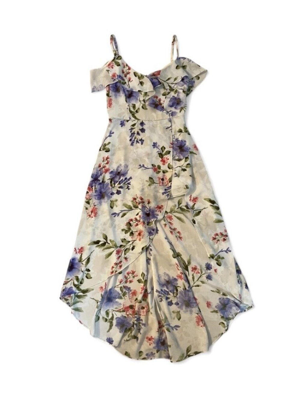 Y2K Floral High Low Dress with Shorts Cold Shoulder Flutter Ruffle Romper Fairy